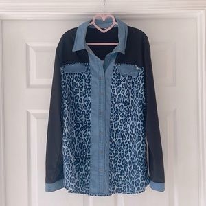Animal print and denim button down shirt 2XL silky- blue black